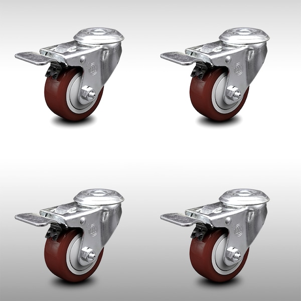 3 Inch SS Maroon Polyurethane Swivel Bolt Hole Caster Set with Total Lock Brake